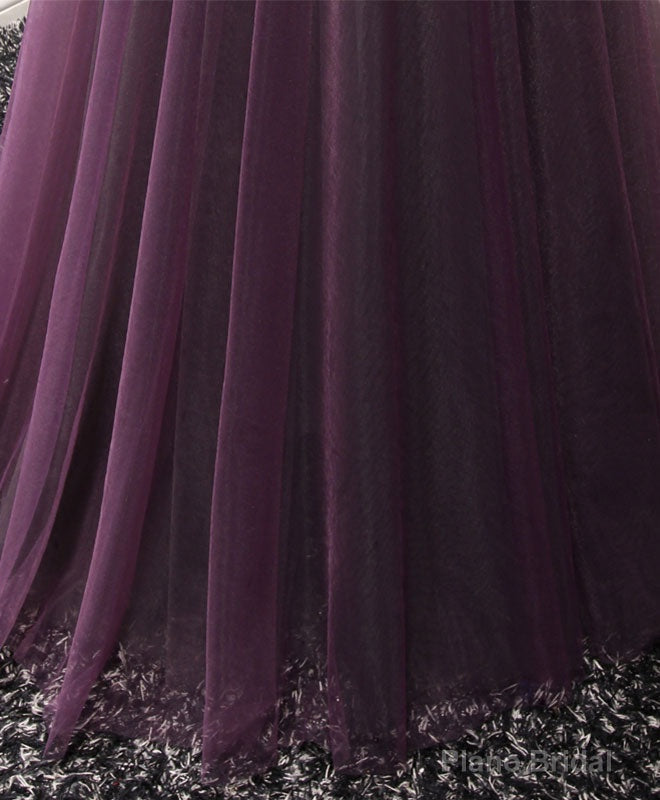 Purple Tulle Lace Off Shoulder Long Prom Dress, Purple Evening Dress