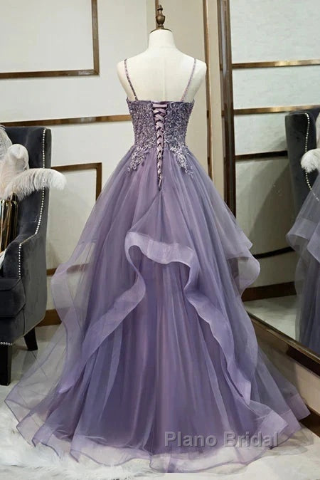 Purple Tulle Layers Long Formal Gown Lace Applique Party Dresses A Line Floor Length Formal Prom Dresses