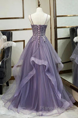 Purple Tulle Layers Long Formal Gown Lace Applique Party Dresses A Line Floor Length Formal Prom Dresses