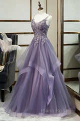 Purple Tulle Layers Long Formal Gown Lace Applique Party Dresses A Line Floor Length Formal Prom Dresses