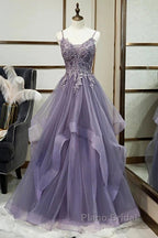 Purple Tulle Layers Long Formal Gown Lace Applique Party Dresses A Line Floor Length Formal Prom Dresses