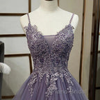 Purple Tulle Layers Long Formal Gown Lace Applique Party Dresses A Line Floor Length Formal Prom Dresses