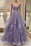 Purple Tulle Layers Long Formal Gown Lace Applique Party Dresses A Line Floor Length Formal Prom Dresses