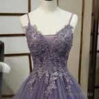 Purple Tulle Layers Long Formal Gown, Lace Applique Top Party Dress