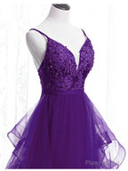 Purple Tulle Layers with Lace Long Evening Dresses, Purple Prom Dress Party Dresses