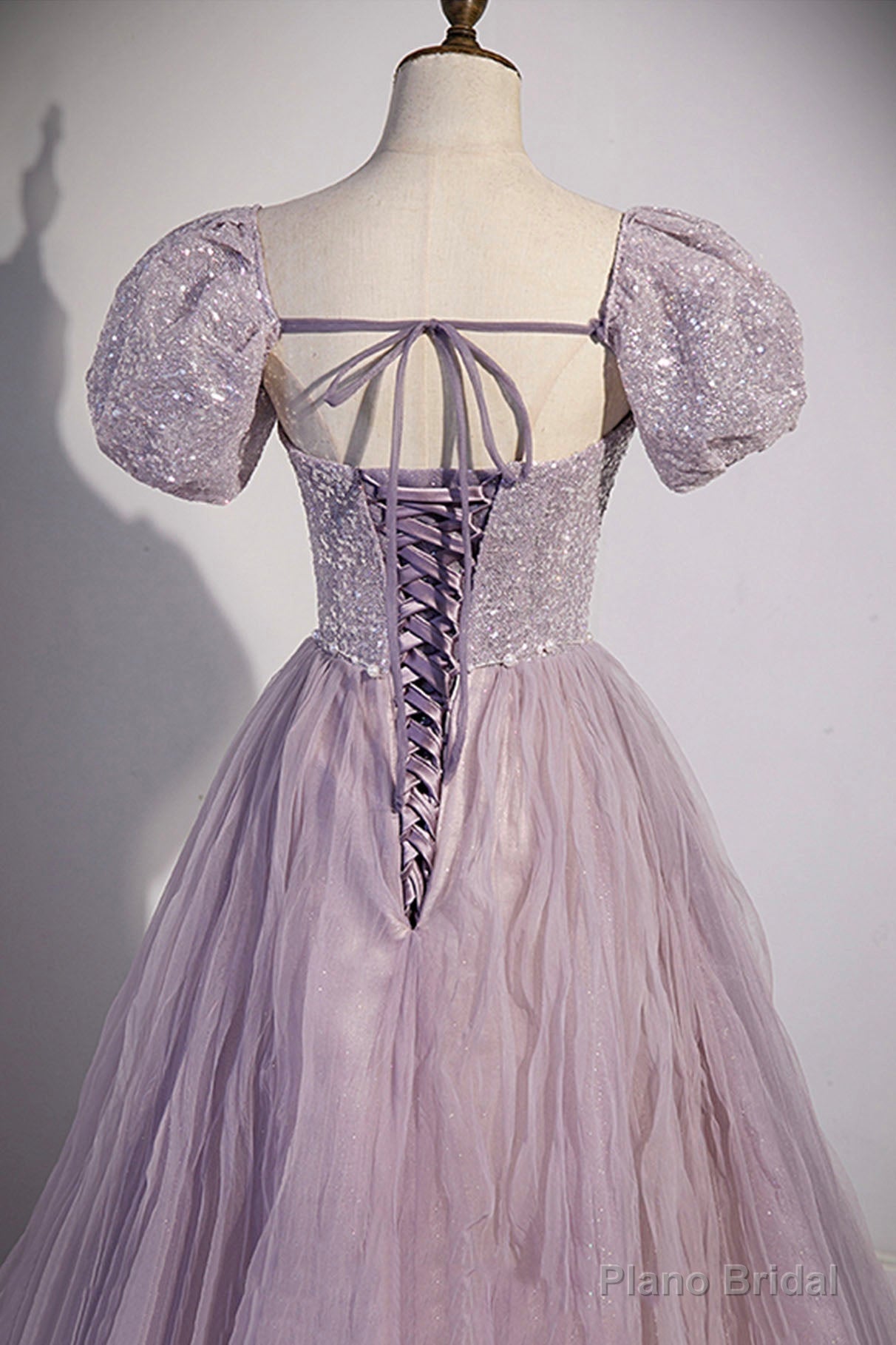 Purple Tulle Long A-Line Prom Dress, Purple Short Sleeve Evening Party Dress