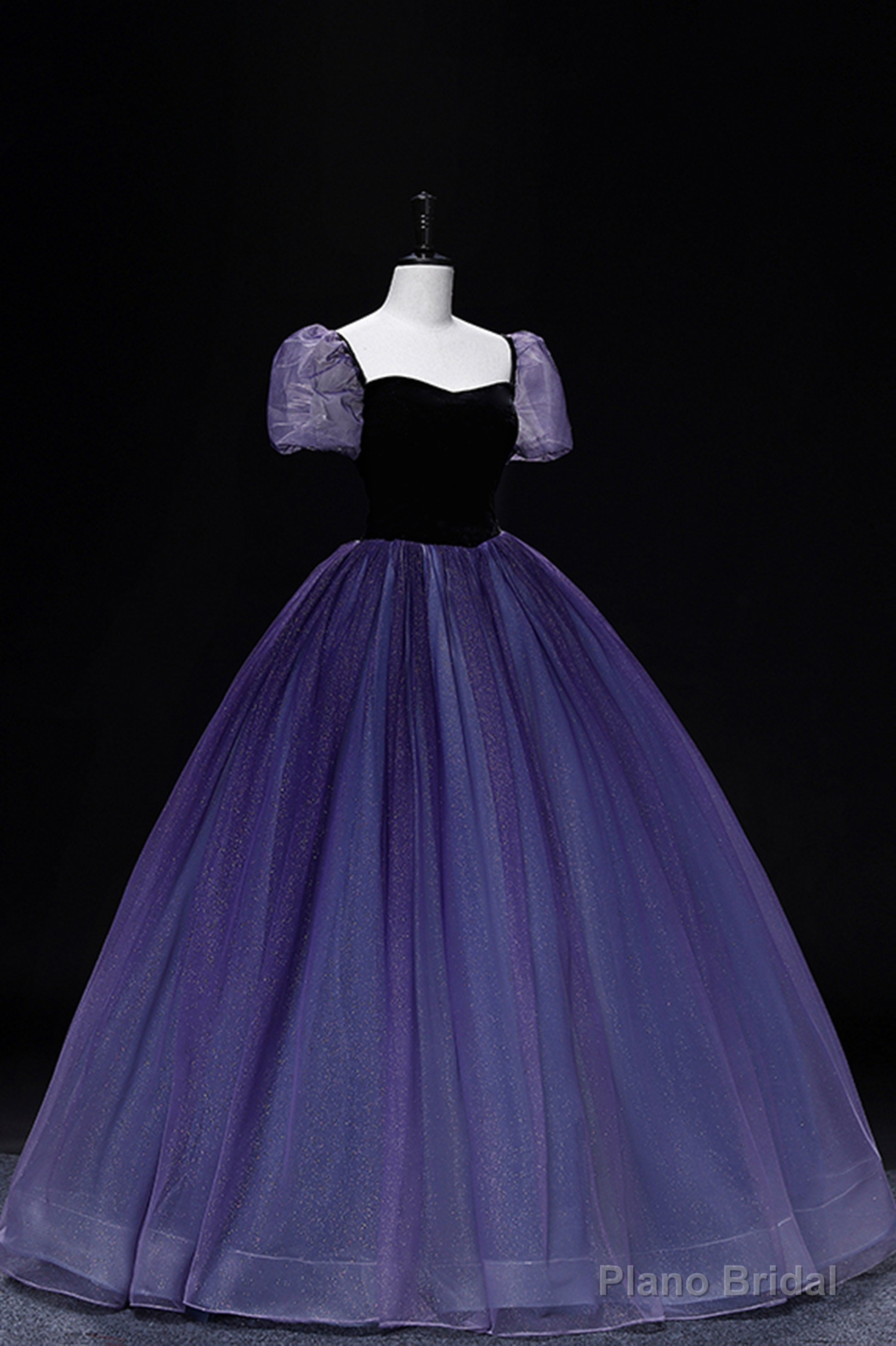 Purple Tulle Long A-Line Prom Dress, Purple Short Sleeve Princess Dress