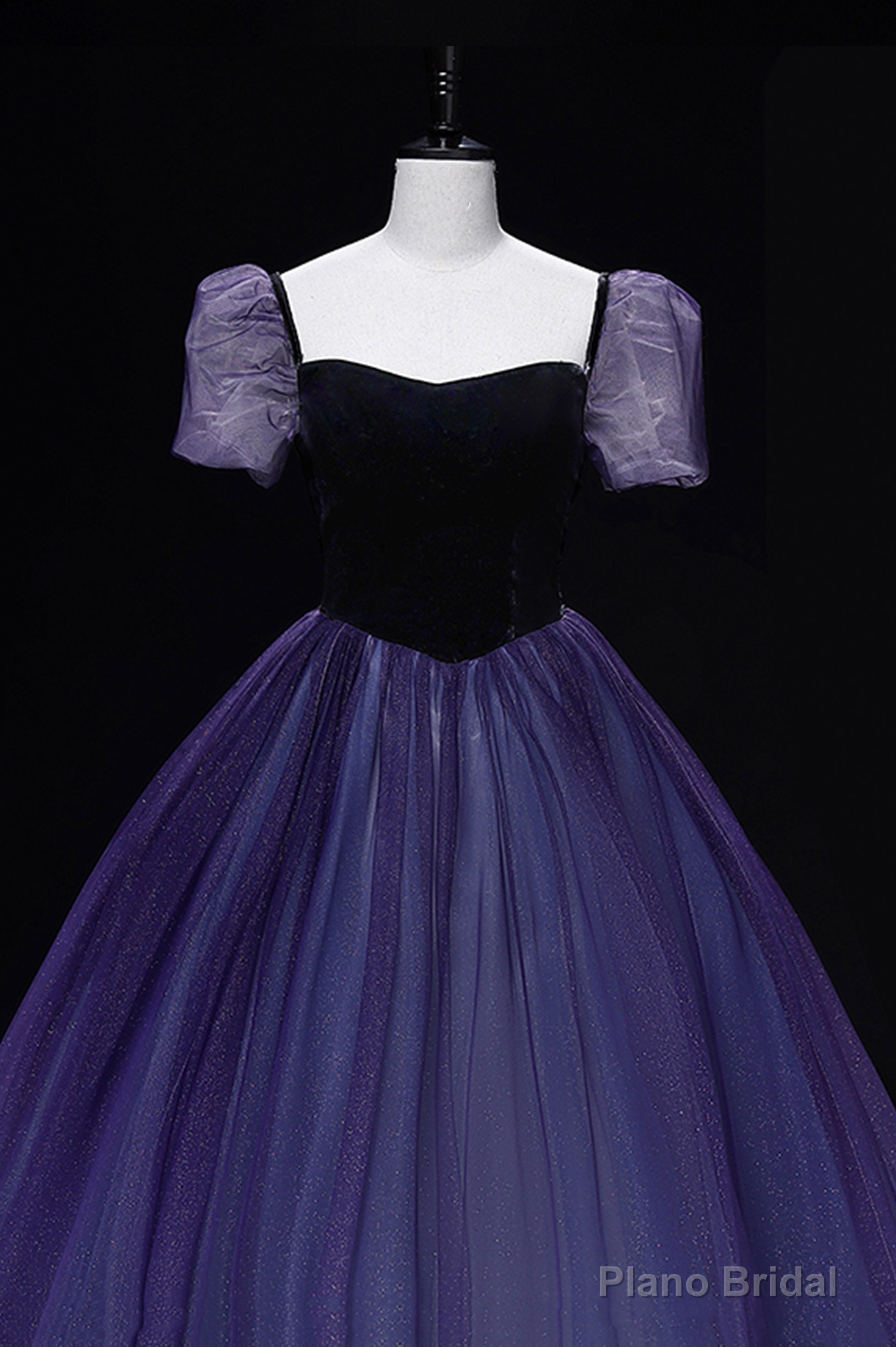 Purple Tulle Long A-Line Prom Dress, Purple Short Sleeve Princess Dress Main image