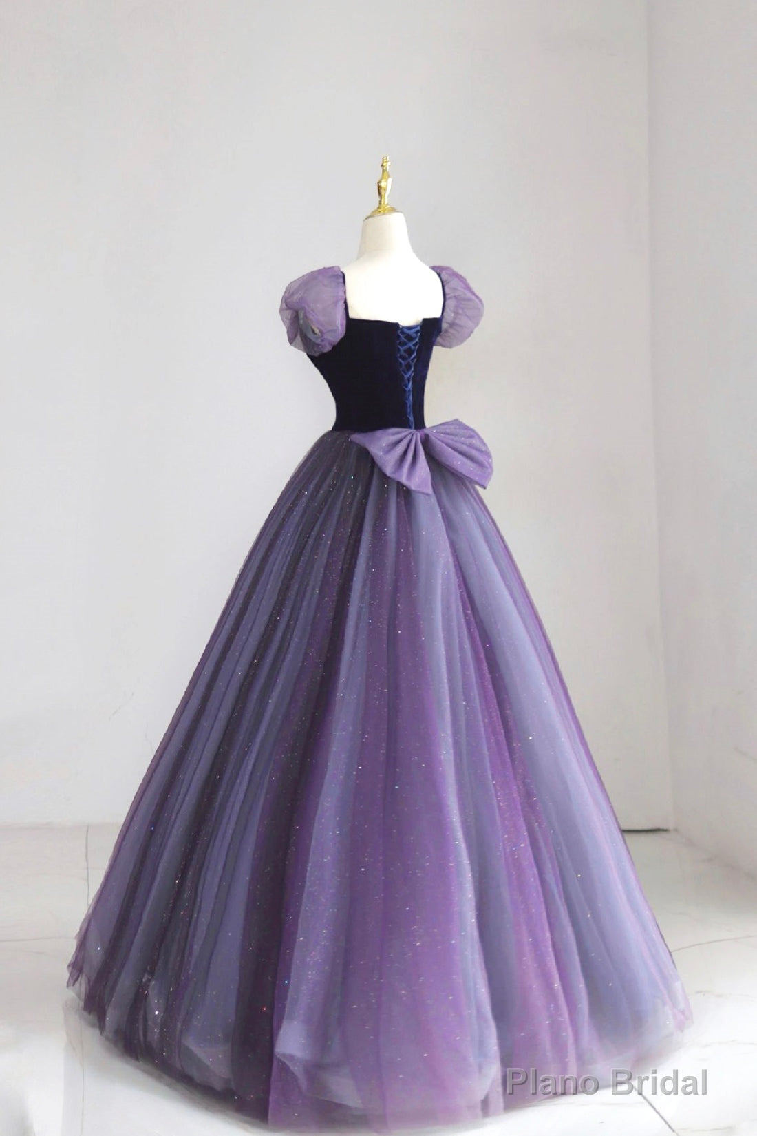 Purple Tulle Long Prom Dress with Velvet, Cute A-Line Short Sleeve Evening Dress Secondary image