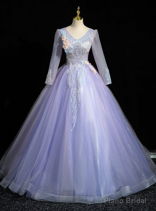 Purple Tulle Long Sleeve V-neck Sequins Quinceanera Dress Main image