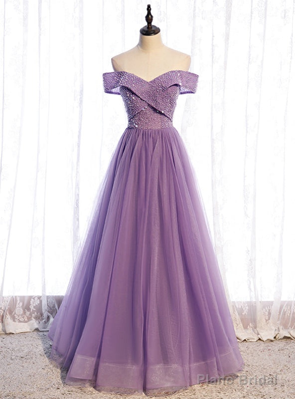 Purple Tulle Off the Shoulder Beading Prom Dress Main image