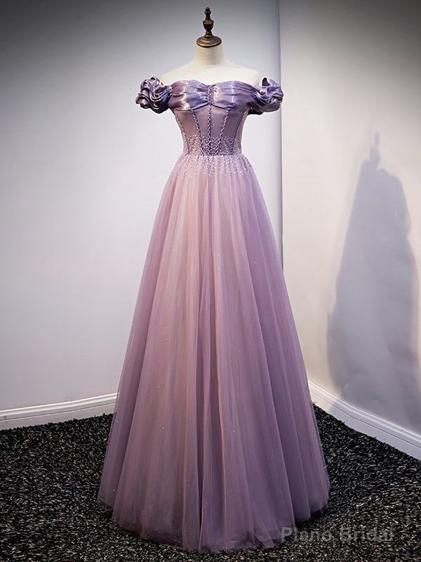 Purple Tulle Off the Shoulder Beading Sequins Prom Dress Main image