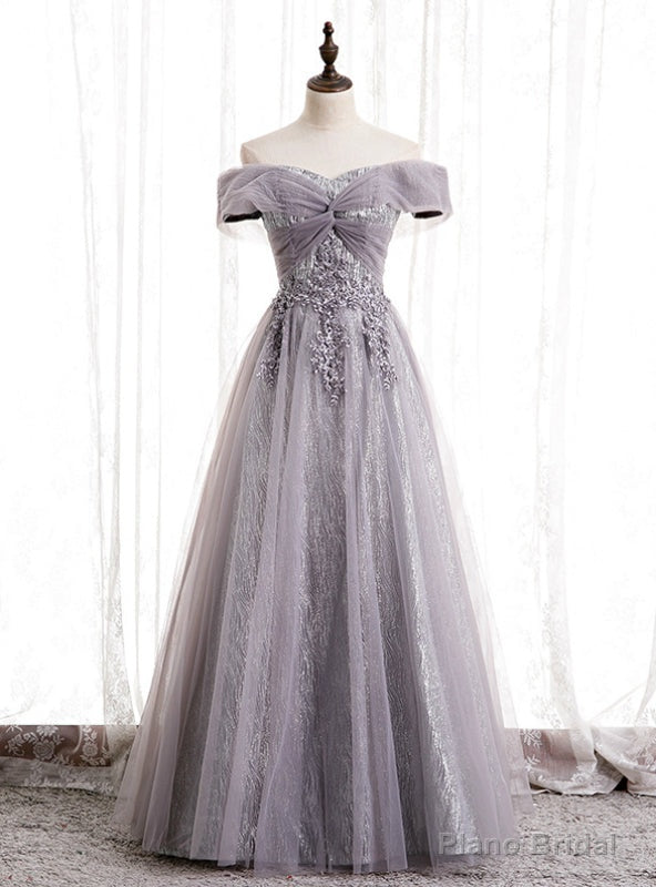 Purple Tulle Off the Shoulder Embrodiery Off the Shoulder Prom Dress Main image