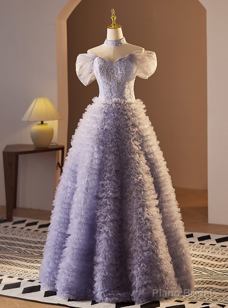 Purple Tulle Pearls Tiers Prom Dress Main image