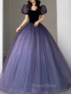 Purple Tulle Sequin Long Formal Prom Dresses, Purple Evening Dresses