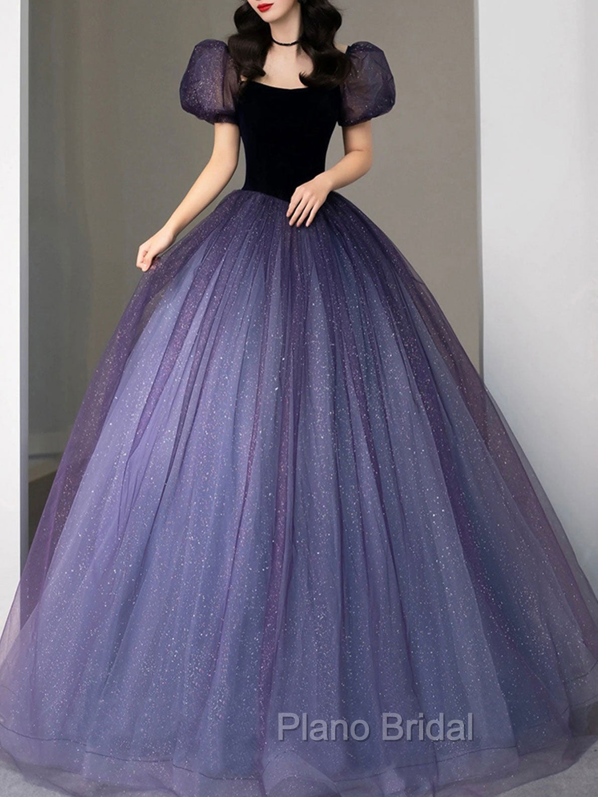 Purple Tulle Sequin Long Formal Prom Dresses, Purple Evening Dresses