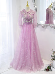 Purple Tulle Sequins Beading Short Sleeve Prom Dress