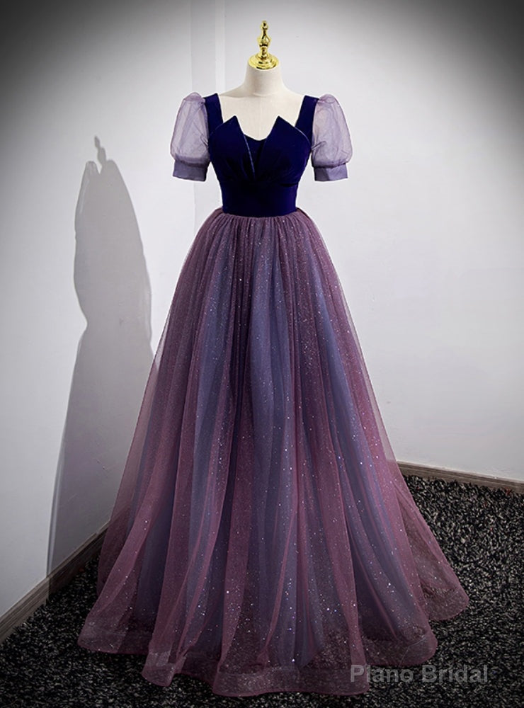 Purple Tulle Sequins Short Sleeve Prom Dress Main image