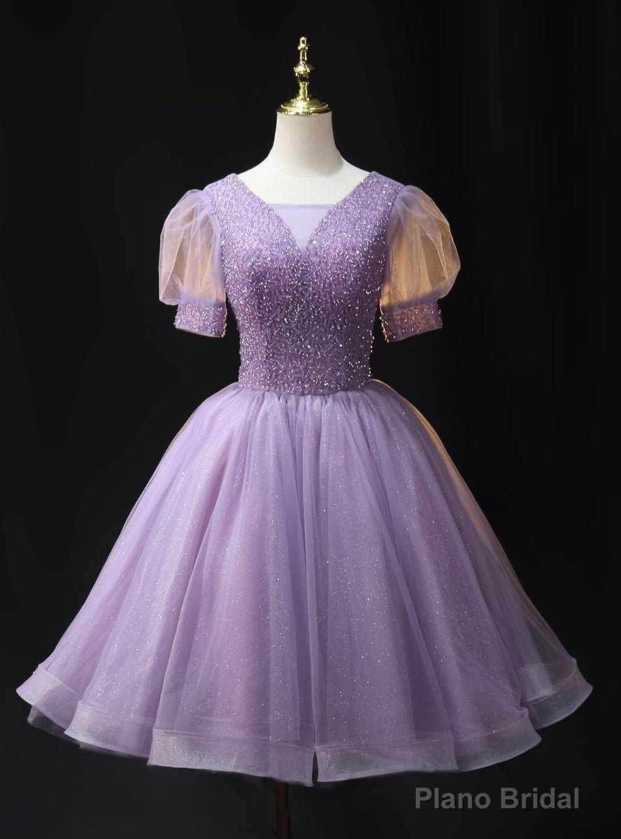 Purple Tulle Short Sleeve Beading Homecoming Dress Main image