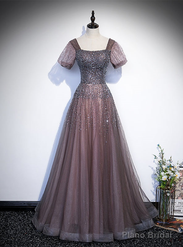 Purple Tulle Square Short Sleeve Beading Prom Dress Main image