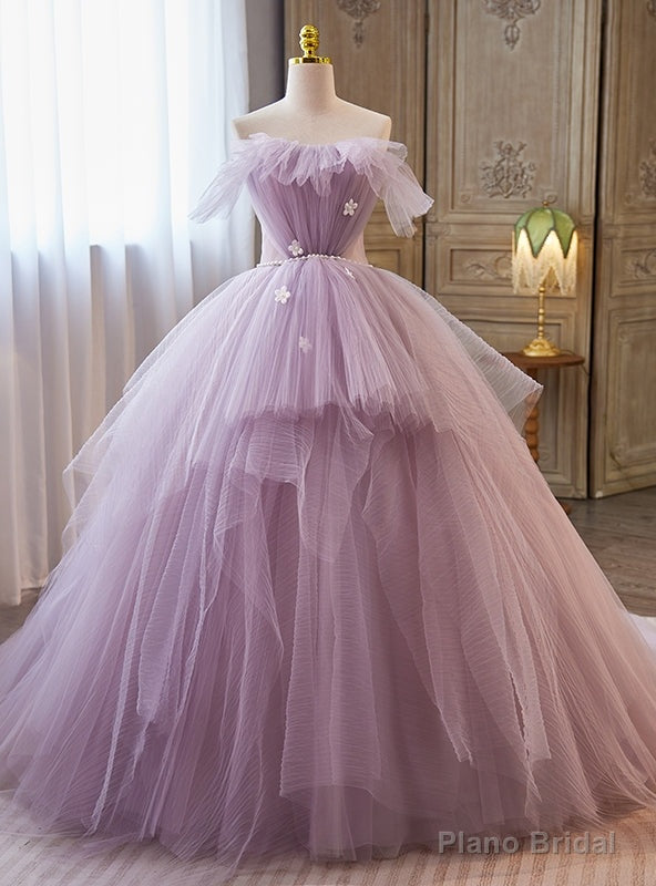 Purple Tulle Strapless Pleats Pearls Quinceanera Dress Main image