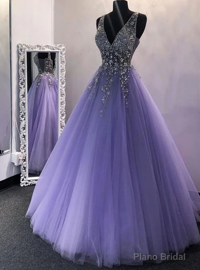 Purple Tulle V-neck Beading Prom Dress Main image
