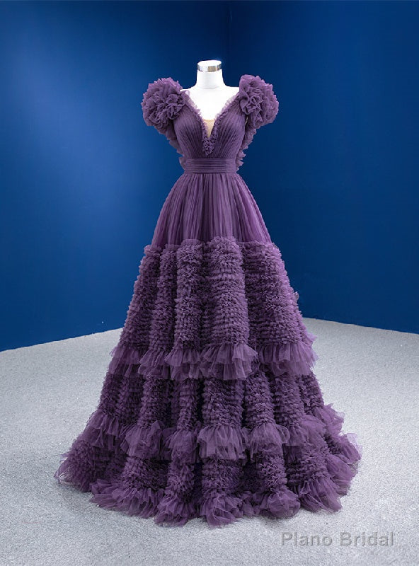 Purple Tulle V-neck Pleats Prom Dress