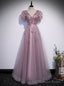 Purple Tulle V-neck Puff Sleeve Appliques Prom Dress