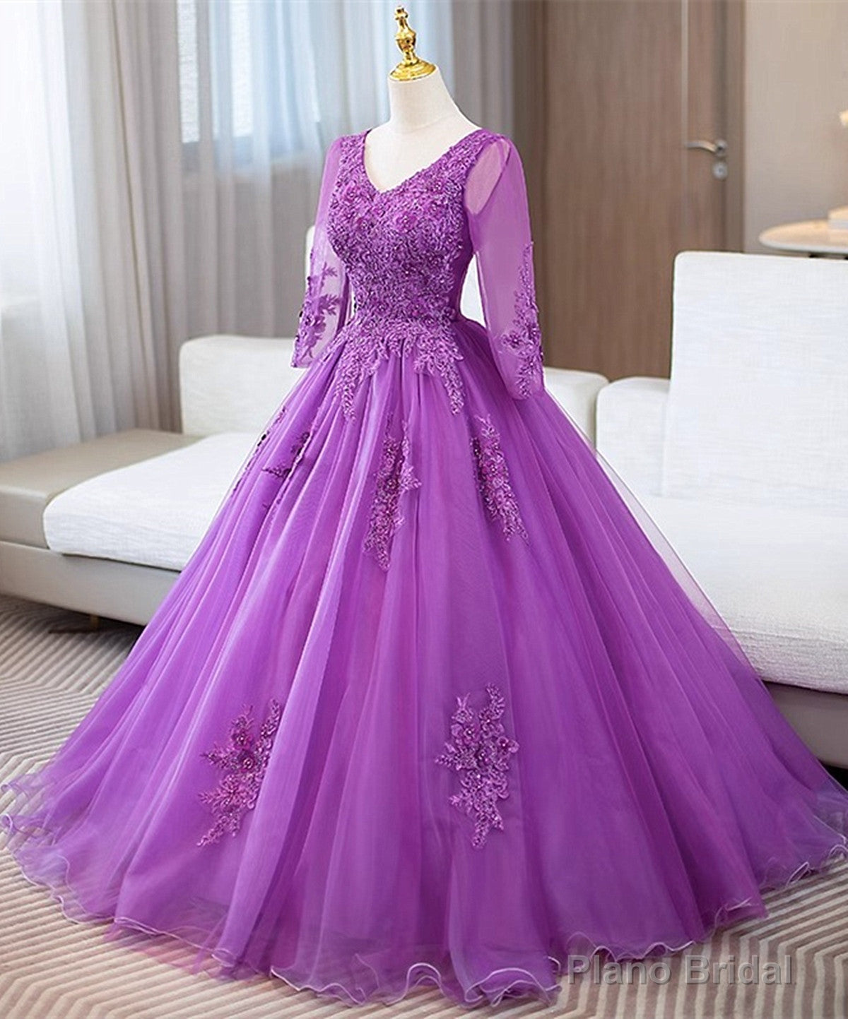 Purple Tulle with Lace Applique Long Sleeves Party Dress, Purple Tulle Prom Dress Secondary image