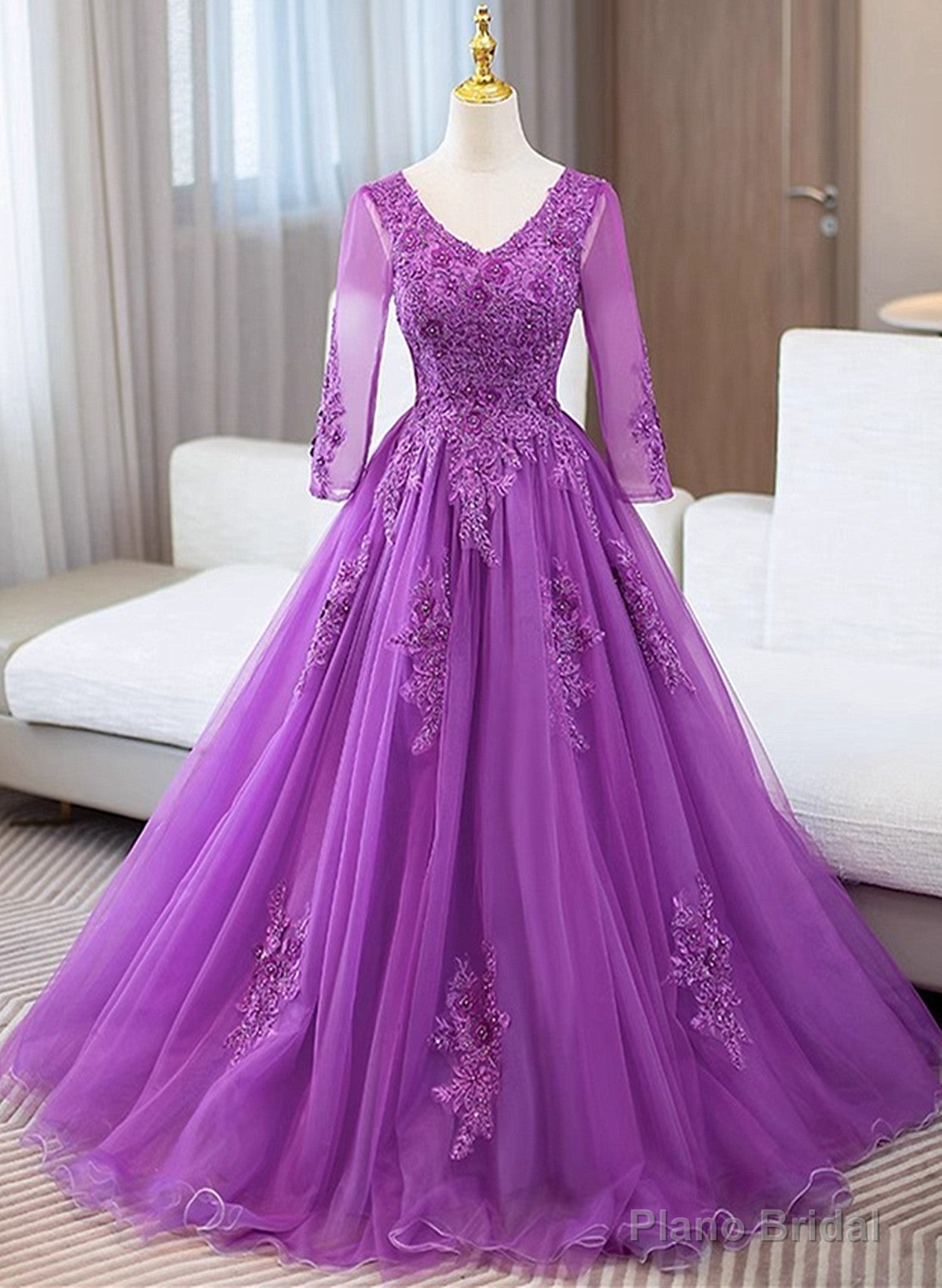 Purple Tulle with Lace Applique Long Sleeves Party Dress, Purple Tulle Prom Dress Main image