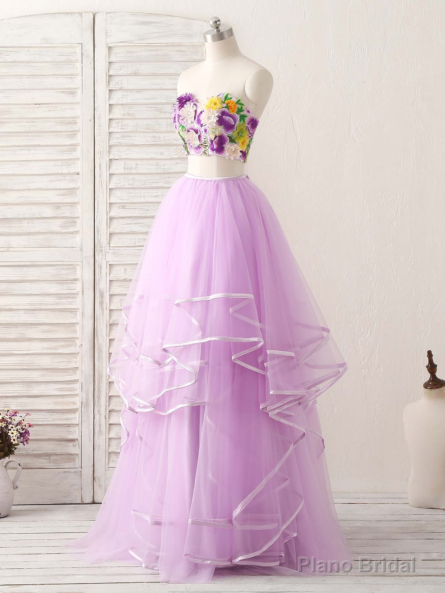 Purple Two Pieces Applique Tulle Long Prom Dress Purple Evening Dress Secondary image