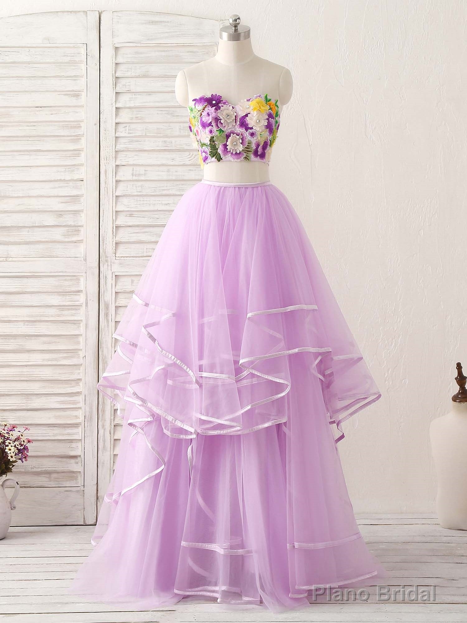 Purple Two Pieces Applique Tulle Long Prom Dress Purple Evening Dress Main image