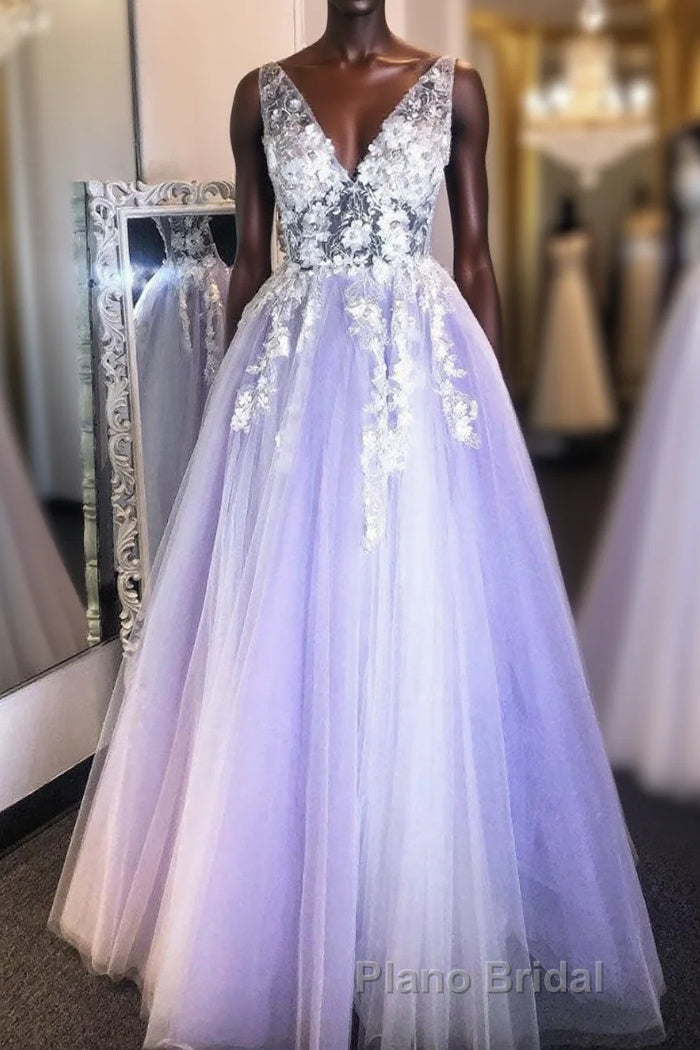 Purple v neck lace applique long Formal Prom dress purple formal dress Main image
