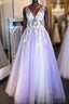 Purple v neck lace applique long Formal Prom dress purple formal dress