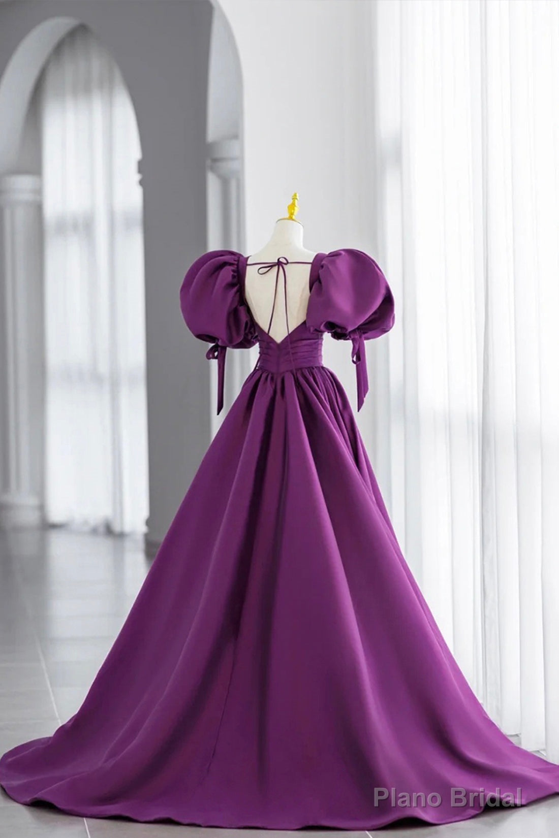 Purple V-Neck Satin Long Formal Evening Dress, A-Line Puff Sleeve Party Dress Secondary image