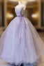 Purple V Neck Tulle Lace Long Formal Prom Dresses, Purple Formal Sweet 16 Dresses