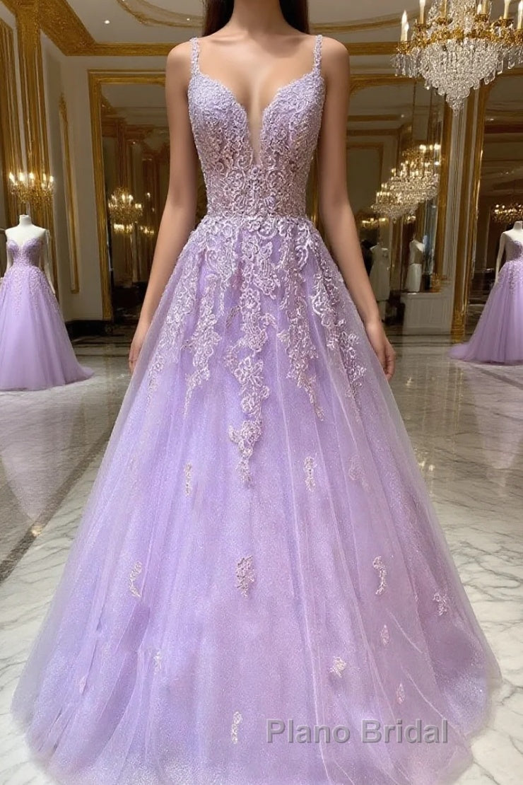 Purple v neck tulle lace long Formal Prom dress purple lace formal dress Main image