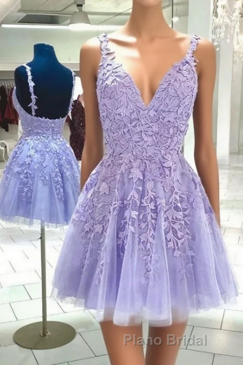 Purple v neck tulle lace short Formal Prom dress lace cocktail dress Main image