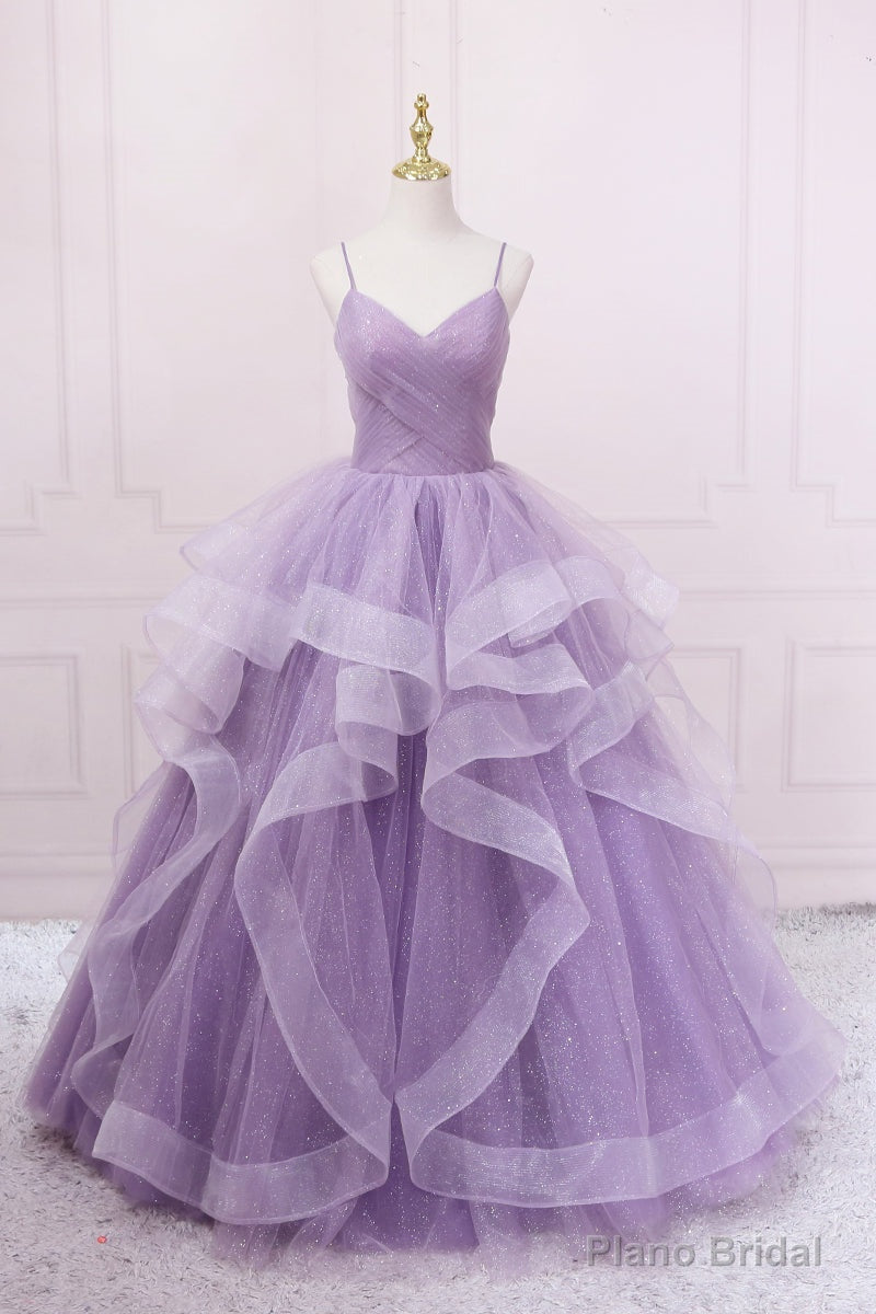 Purple V-Neck Tulle Long Prom Dress, Spaghetti Straps A-Line Evening Dress Main image