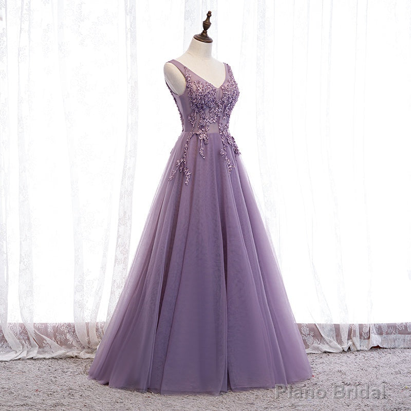 Purple V-neckline Tulle with Lace Floor Length Party Dress Evening Dress,Purple Prom Dress Main image