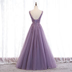 Purple V-neckline Tulle with Lace Floor Length Party Dress Evening Dress,Purple Prom Dress