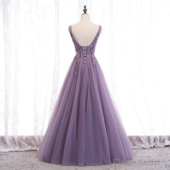 Purple V-neckline Tulle with Lace Floor Length Party Dress Evening Dress,Purple Prom Dress