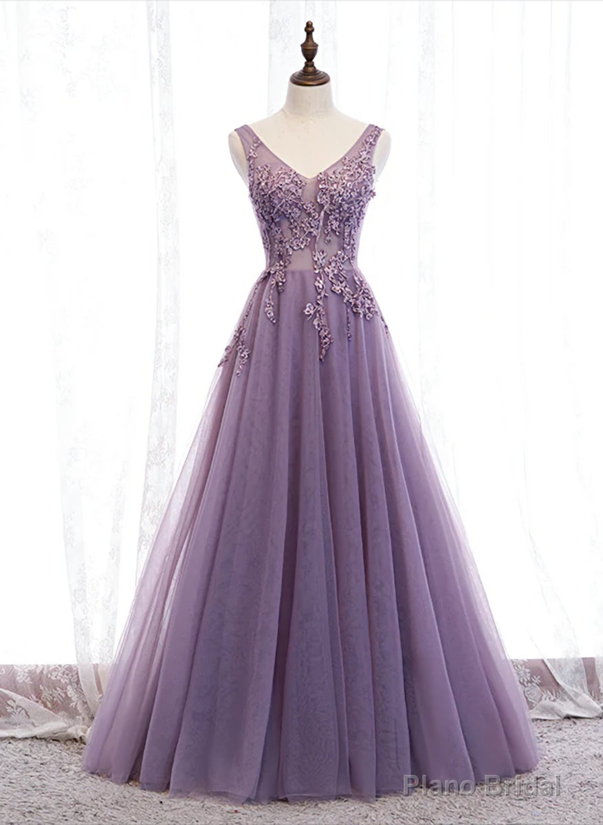 Purple V-neckline Tulle with Lace Floor Length Party Dress Evening Dress,Purple Prom Dress Secondary image