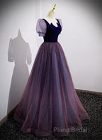 Purple Velvet And Tulle Short Sleeves Formal Dresses, Purple A-Line Formal Dresses Formal Prom Dresses