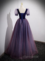 Purple Velvet And Tulle Short Sleeves Formal Dresses, Purple A-Line Formal Dresses Formal Prom Dresses