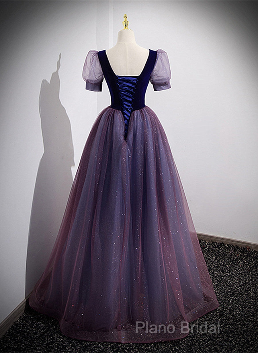 Purple Velvet And Tulle Short Sleeves Formal Dresses, Purple A-Line Formal Dresses Formal Prom Dresses