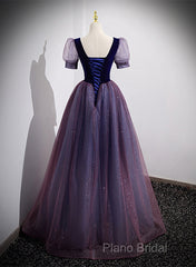 Purple Velvet And Tulle Short Sleeves Formal Dresses, Purple A-Line Formal Dresses Formal Prom Dresses
