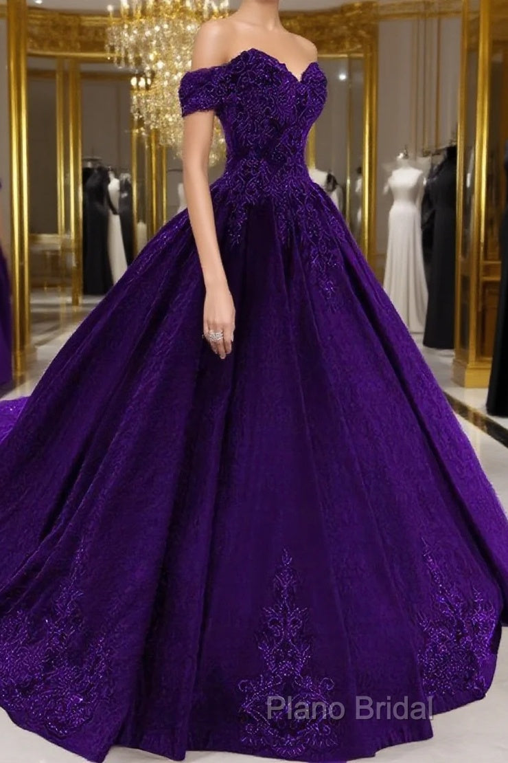 Purple Wedding Dresses, Lace Ball Gown Formal Prom Dresses, Off The Shoulder For Women Main image
