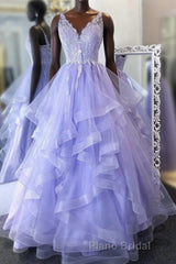 Purpler v neck tulle lace beads long Formal Prom dress tulle formal dress