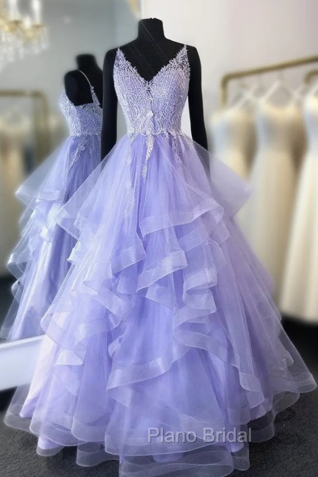 Purpler V Neck Tulle Lace Beads Long Formal Prom Dresses Tulle Formal Dresses Main image